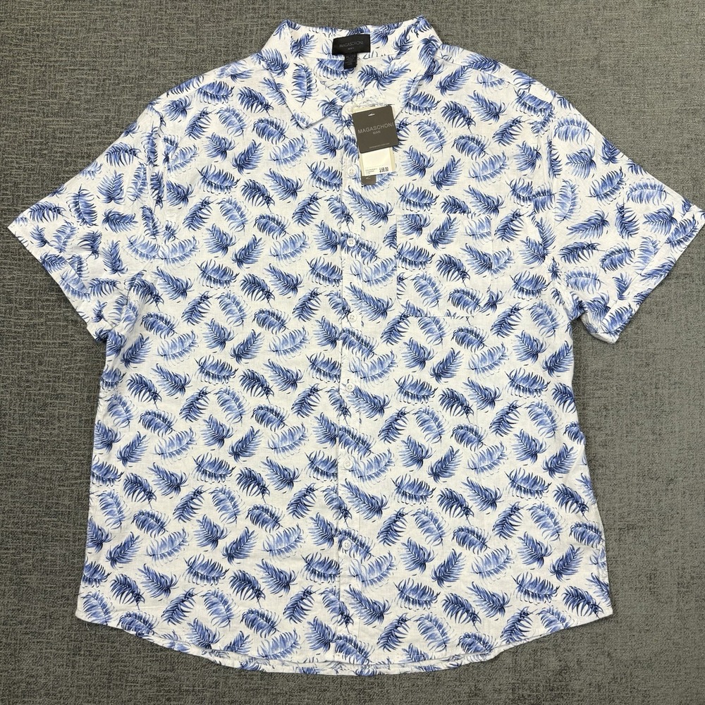 Magaschoni Man Shirt Men's XL Linen Blend Short Sleeve Button White Blue Beach